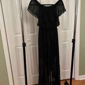 Off the shoulder black dress with high to low shirt